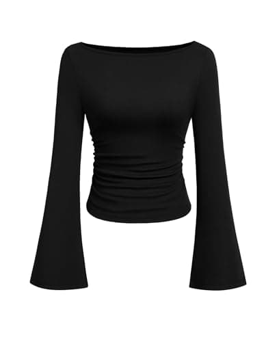 PRETTYGARDEN Women's Long Sleeve Shirt 2026 Fall Crop Going Out Tops Casual Boat Neck Bell Sleeve Ribbed Ruched Y2K Clothes (Black,Medium)