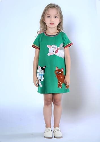 Winzik Toddler Summer Dress, Little Girls Short Sleeve Cotton Casual Dresses Cat Clothes 2-8 Years (3-4T, Cat Green) — view 7