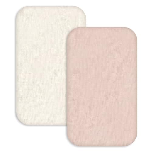 Muslin Bassinet Sheets 2 Pack, Soft Breathable Fitted Sheets for Bedside Sleeper Bassinet, 33x20 Inch, Snug Fit Baby Bassinet Mattress Cover for Newborn Boys Girls (Gentle Colors)