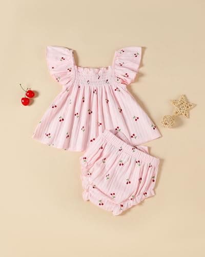 FAMIHAO Sister Matching Outfits Baby Girl Summer Clothes Cute Ruffle Tops Dress Shorts Set Infant Bloomers Princess Outfit,Cherry&Pink 6-12M — view 2