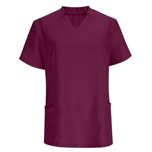 Women Medical Scrub Tops with Notch V Neck Short Sleeve High Elastic Scrubs Classic Lightweight Breathe Nurse Uniform Wine Medium — view 8