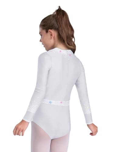 Xroufi Gymnastics Leotard for Girls Sparkle Diamond Long Sleeve Dance Bodysuit Biketard Training Practice Outfit White 8 — view 2