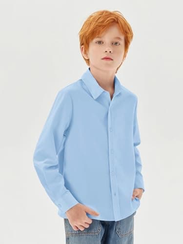 Haloumoning Boys Long Sleeve Dress Shirts Kids Classic Collared Button-Down Shirt School Uniform Shirts 5-14 Years, Sky Blue, 11-12 Years — view 3