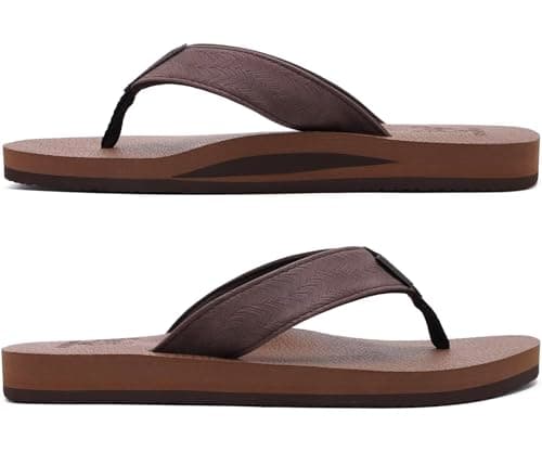 KuaiLu Men's Leather Flip Flops Arch Support Summer Beach Pool Water Thong Sandals Waterproof Rubber Walking Shoes Slip on Orthotic Casual Sport Cushioned Wide Slides Shower Slippers Coffee Size 10 — view 7