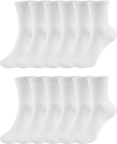 BomKinta 12 Pairs Women Casual Calf Socks - Cute Cotton Crew Socks - Soft Above Ankle Sock Gifts All White Size 5-10