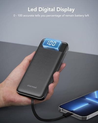 Charmast Power Bank with Built in Cables, 10000mAh USB C Battery Pack 6 Outputs 2 Inputs with LED Display Type C Powerbank Portable Charger Compatible with Smartphones Tablets and More (Black) — view 4