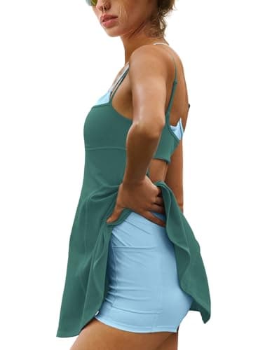 Yanekop Womens Tennis Dress Athletic Dress with Shorts and Bra Golf Outfits Spaghetti Strap Workout Romper Dresses(Dark Green,S)