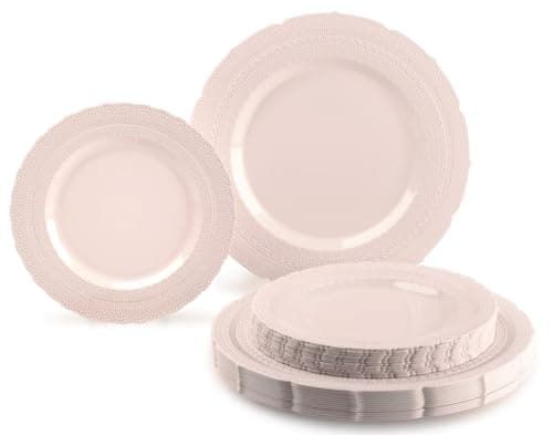 " OCCASIONS " 50 Plates Pack (25 Guests)-Extra Heavyweight Vintage Wedding Disposable/Reusable Plastic Plates -25 x 11'' Dinner + 25 x 8.25'' Salad/dessert (Chateau Blush Pink)
