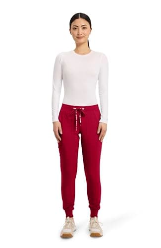 Med Couture Scrub Pants for Women Jogger Pant with 5 Pockets, Lightweight, Ultra Soft, 2-Way Stretch Fabric - MC7710P, L Petite, Red