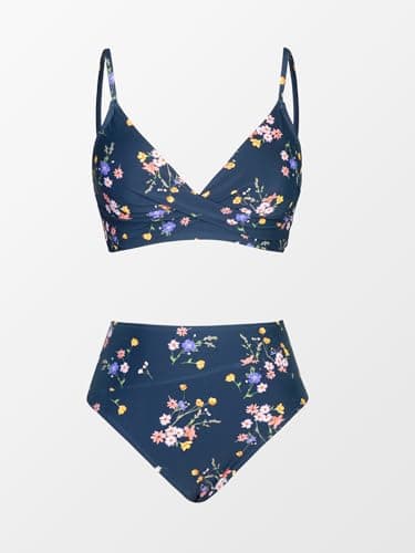 CUPSHE Women's Bikini Set Crossover Bustier High Waist Bikini Swimwear Elegant Two Piece Swimsuit, Navy/Flowers, Medium — view 3