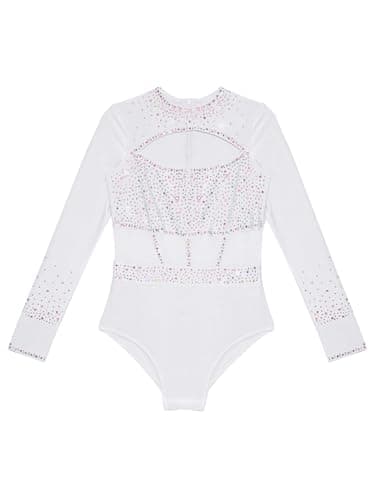 Xroufi Gymnastics Leotard for Girls Sparkle Diamond Long Sleeve Dance Bodysuit Biketard Training Practice Outfit White 8 — view 3