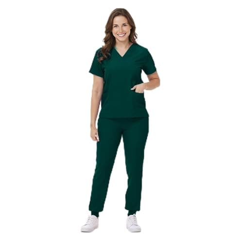 Scrubs Set for Women Nurse Uniform V-Neck Top and Drawstring Jogger Pants with Multi Pocket Nurse Workwear (Dark Green, Medium)