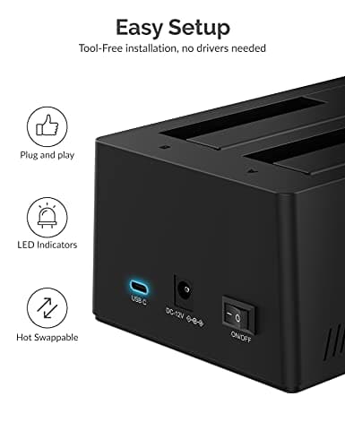 SABRENT 2 Bay USB C Hard Drive Docking Station, SSD HDD 2.5 3.5 inch SATA case Dock, External SSD Enclosure, Power Adapter, Offline cloning, LED Indicator, Tool-Free, USB-c Cables Included (EC-CH2B) — view 4