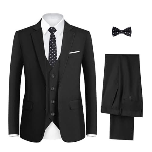 Happy Dolphin Boy Suit Slim Fit 5 Pieces Kids Suit Boy Wedding Suit Communion Ring Bearer Suit for Boys Size 14 Tuxedos Outfit Boys' Black Suit Set Dress Clothes Teen Youth Adjustable Waist