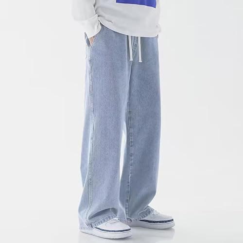Baggy Jeans Men Casual Straight Leg Denim Pants Drawstring Elastic Waist Jeans Stretch Summer Streetwear Denim Pants Light Blue — view 3