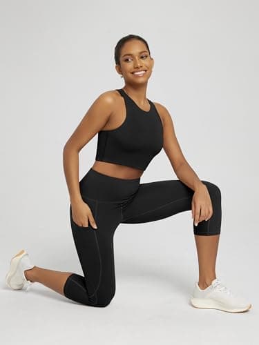 ODODOS Women's High Waisted Yoga Capris with Pockets,Tummy Control Non See Through Workout Sports Running Capri Leggings, Black,Medium