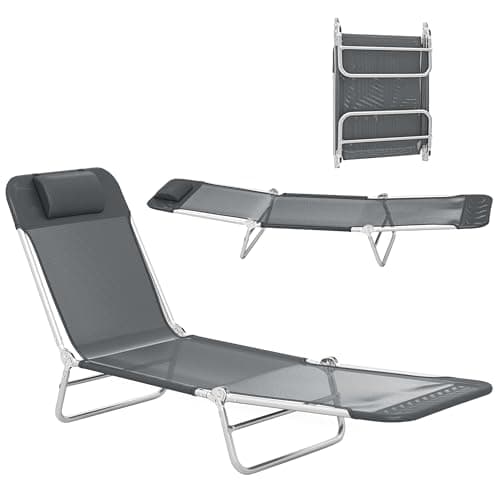 Outsunny Outdoor Lounge Chair, Portable Adjustable Reclining Seat Folding Chaise Lounge Patio Camping Beach Tanning Chair Bed with Pillow, Dark Grey