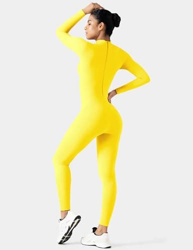 speerise Women Bodysuit Rompers Long Sleeve Jumpsuits Leotards One Piece Tummy Control Yoga Workout Outfits, Yellow, Medium — view 2