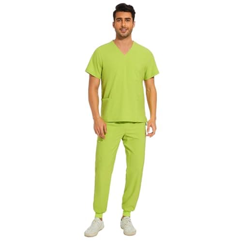 COZYFIT Men Scrubs Set — Stretch V-Neck Scrub Top & Jogger Pant with 8 Pockets, Yoga Waistband, Anti-Wrinkle Scrubs for Men - Apple Green, XXL