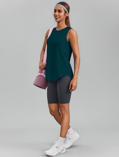 PINSPARK Workout Tops for Women Sleeveless Athletic Tank Tops UPF 50+ Running Tanks with Side Slits Loose Fit Gym Yoga Shirt, Moss Teal, Large — view 2