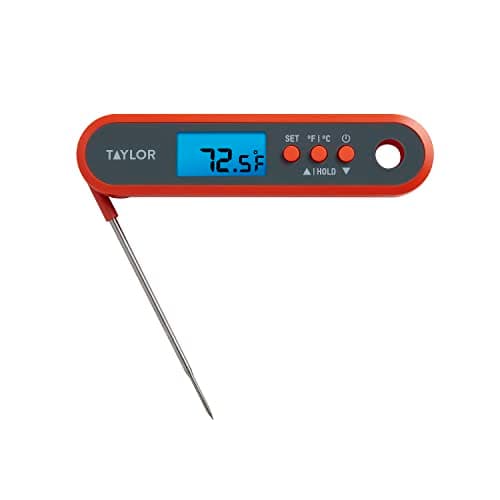 Taylor Digital Waterproof Meat Thermometer for GLP-1 High Protein Meal Prep – Folding Probe for Chicken, Salmon, Steak – Programmable Presets, Backlit Display for Oven, Grill, Orange