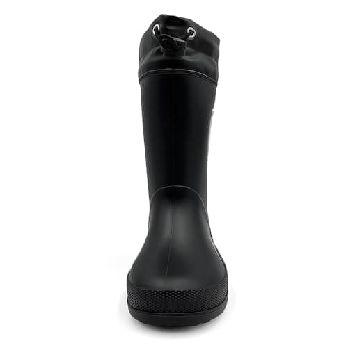 AMOJI Boy Girl Rain Boots Toddler Kid Rubber Boot Children Anti Slip Rain Shoes Child Waterproof Garden Boots with Drawstring Cuff JT6517 Black Size 5-5.5 Big Kid — view 2