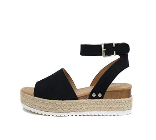 Soda Topic Open Toe Buckle Ankle Strap Espadrilles Flatform Wedge Casual Sandal (Black, 8)
