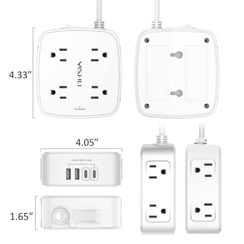 6 Ft Surge Protector Power Strip - 8 Widely Outlets with 4 USB Ports, 3 Side Outlet Extender with 6 Feet Extension Cord, Flat Plug, Wall Mount, Desk USB Charging Station, ETL,White — view 6
