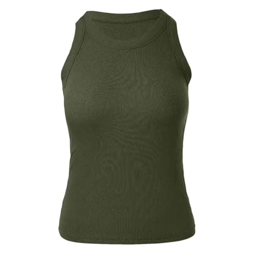Tops Women,Tank Tops for Women Army Green Halter Ribbed Racerback Slim Camisoles Sleeveless Double Lined Round Neck Top,L — view 3
