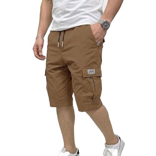 Men's Sport Cargo Shorts - 2026 New Men’s Casual Tactical Style Drawstring Stretch Cargo Shorts (Brown,Large)