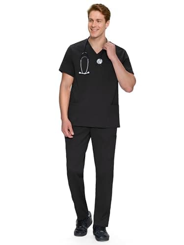 Scrubs for Men Set - V-Neck Scrub Top and Straight Leg Pants with 11 Pockets, Elastic Drawstring Men Scrubs set, Black, M — view 5