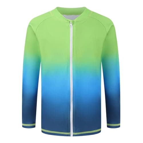 Qterdiz Boys Swim Shirts, Long Sleeve Rash Guard Swimsuits with Full Zipper Sun Protection Bathing Suit Quick Dry Swimwear for Kids Green Blue Gradient Size 8/7-8 Years