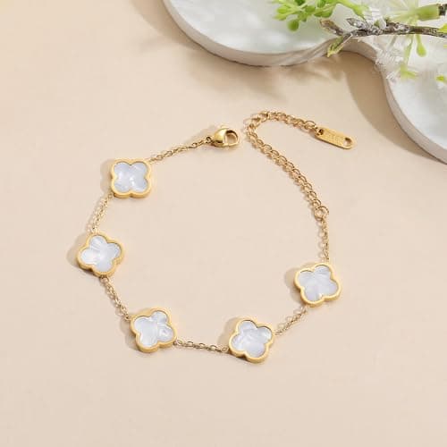AIPPK 18K Gold Plated Clover Lucky Bracelet for Women White/Black/Red/Green Flower Four Leaf Link Bracelets Trendy Jewelry Gifts for Women (White) — view 3