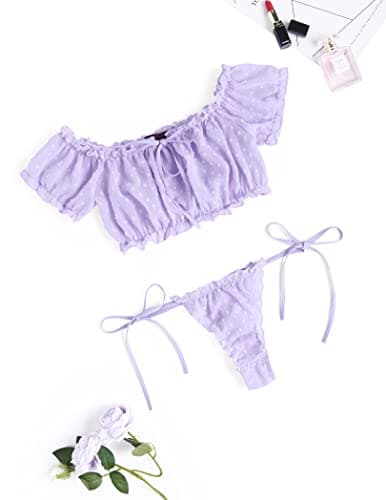 Avidlove Bra and Panty Set Cute & Sexy Chiffon Ruffle Lingerie Set Mesh Babydoll Chemise Lavender Large — view 3