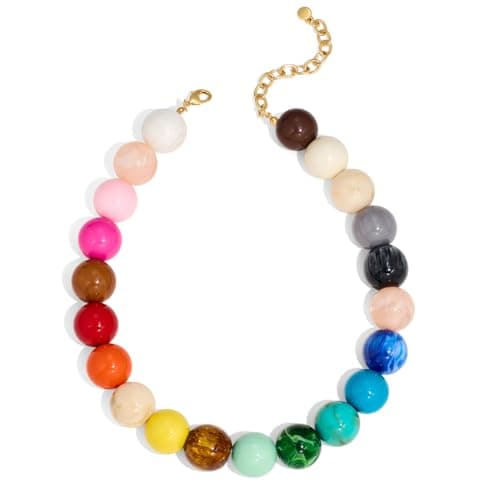 FAUTHENTICUTE Colorful Beaded Necklace for Women Multicolored Round Resin Beads Statement Necklace Summer Chunky Choker Beach Jewelry Gifts
