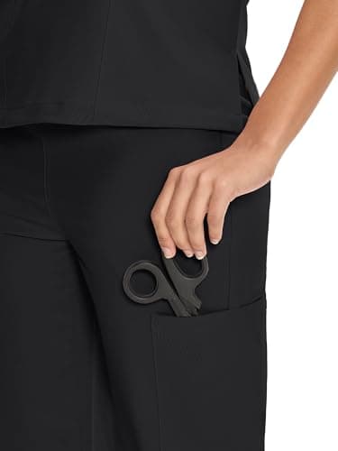 Scrubs for Women Set Medical Uniform - V-Neck Top & Straight Leg Pants with 9 Pockets, Wrinkle-Resistant Unisex Workwear, Black, M — view 4