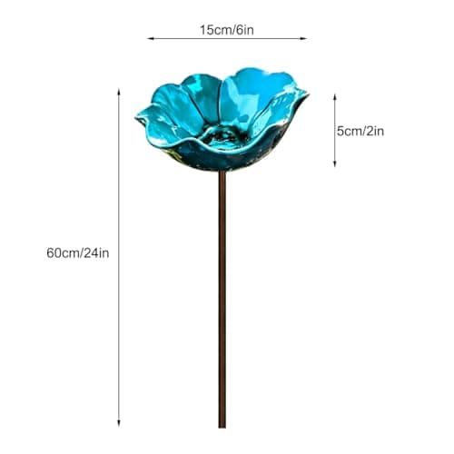 Handmade Metal Flower Garden Stake with Bee Bath & Bird Water Bowl – Decorative Outdoor Yard Art, Watering Station, Weather-Resistant Garden Decor (Blue,1Pcs) — view 5