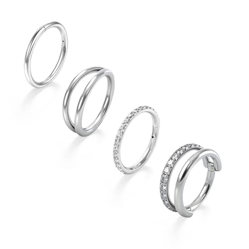 TOOUT Titanium Nose Rings 4pcs, 18g Double Hoop Nose Ring for Women Men, Hypoallergenic Septum Rings Septum Hoop Daith Cartilage Conch Ring Tragus Helix Rook Piercing Jewelry 8mm