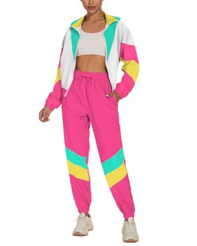 UOUA 80s Outfits for Women 90s Costume for Halloween 2 Piece Long Sleeve Color Block Windbreaker Jacket Track Suit Set Pink White S
