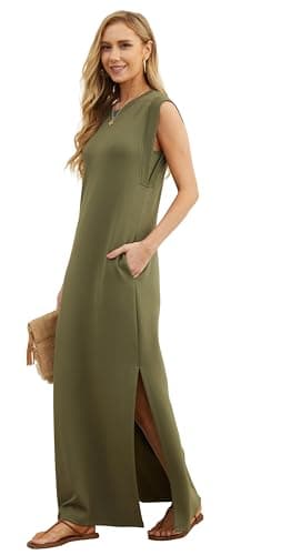 GRECERELLE Summer Petite Dresses for Women 5 ft Loose Split Casual Maxi with Pockets (Army Green, XX-Small)