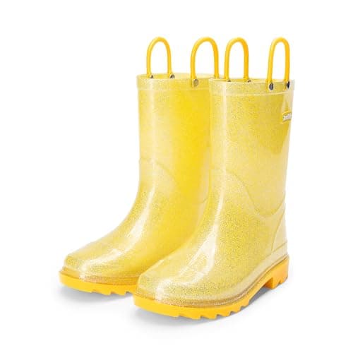 DREAM PAIRS Kids Rain Boots Glitter Boys Girls with Easy-on Handles Sparkly Waterproof Boots Outdoor Playing Rain Boots Toddler Unisex-Child,Size 4 Big Kid,Yellow,KKEMRB2501
