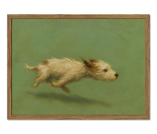 Funny Dog with Zoomies Wall Art Cute Terrier Dog Running Wall Decor Picture Vintage Animal Poster Canvas Painting Print Cute Pet Artwork for Living Room Bedroom 12x16 inch Wood Framed
