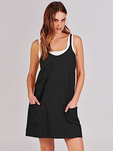 ANRABESS Women Athletic Dress Summer Tennis Workout Active Sports Mini Romper Dress Built in Shorts Travel Vacation Clothes Black X-Smal