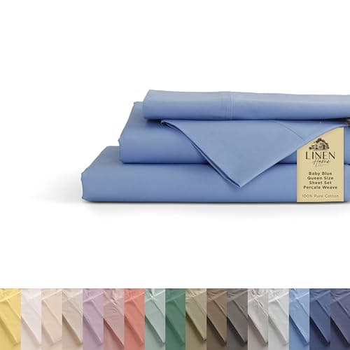 Linen Home 100% Cotton Percale Sheets Queen Size, Baby Blue, Deep Pocket, 4 Pieces Set - 1 Flat, 1 Deep Pocket Fitted Sheet and 2 Pillowcases, Crisp Cool and Strong Bed Linen