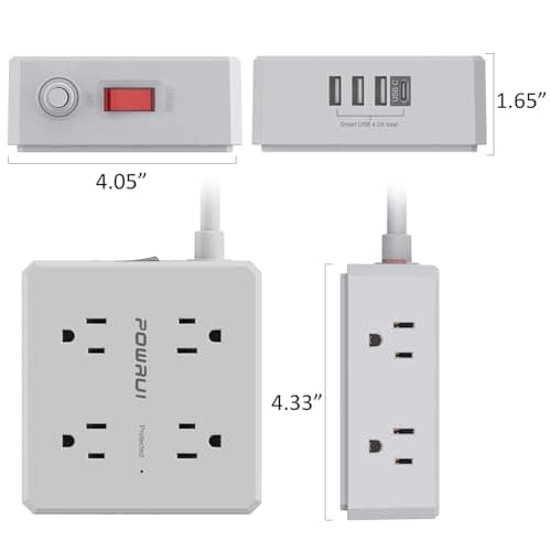 Surge Protector Power Strip - 6 Ft Flat Plug Extension Cord with 8 Widely Outlets and 4 USB Ports(1 USB C), 3 Side Outlet Extender for Home Office, Grey, ETL Listed — view 6
