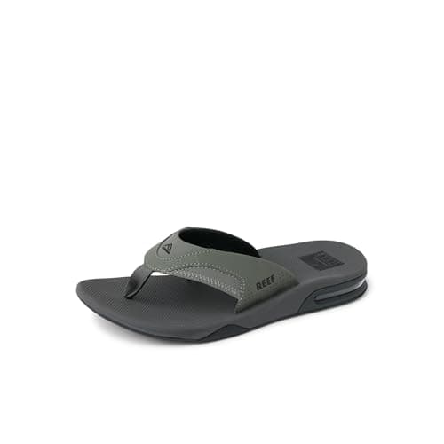 Reef Fanning Mens Bottle Opener Flip Flop, Arch Support, Durable Outsole, Water Friendly, Grey/Black, 10