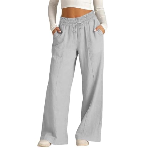 Rseomihvy Women's Cotton Linen Pants Summer Straight Wide Leg Trousers Drawstring Elastic Waist Loose Beach Vacation Outfits Gray