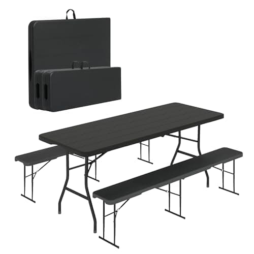 6 FT Black Picnic Folding Table Set with 2 Benches, Portable Patio Dining Sets for Backyard, Lawn, Event, Party, Camping