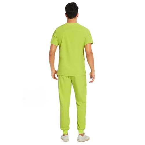 COZYFIT Men Scrubs Set — Stretch V-Neck Scrub Top & Jogger Pant with 8 Pockets, Yoga Waistband, Anti-Wrinkle Scrubs for Men - Apple Green, XXL