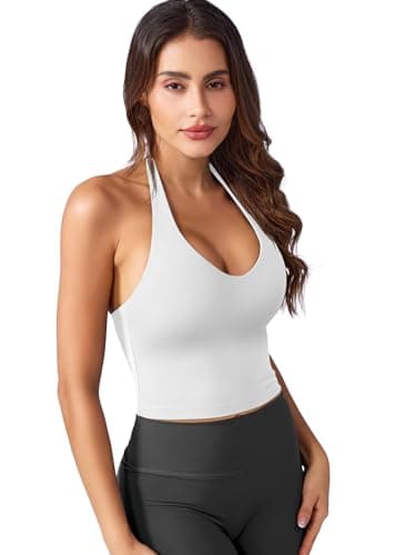 YEOREO Women's Halter Crop Top V Neck Workout Going Out Tank Top Hazel Padded Sleeveless Backless Trendy Summer Camisole White Small — view 4